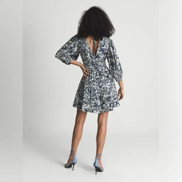 REISS Daisy Puff Sleeve Print Mini Dress in Blue Print Size 6 - Picture 4 of 10